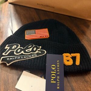 Ralph Lauren Black Beanie with Flag and Number Patches